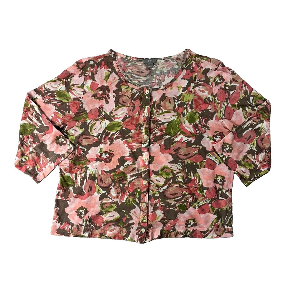 J Jill 100% Pima Cotton Pink Floral Lightweight Cardigan 3/4 Sleeve Pink Women L
